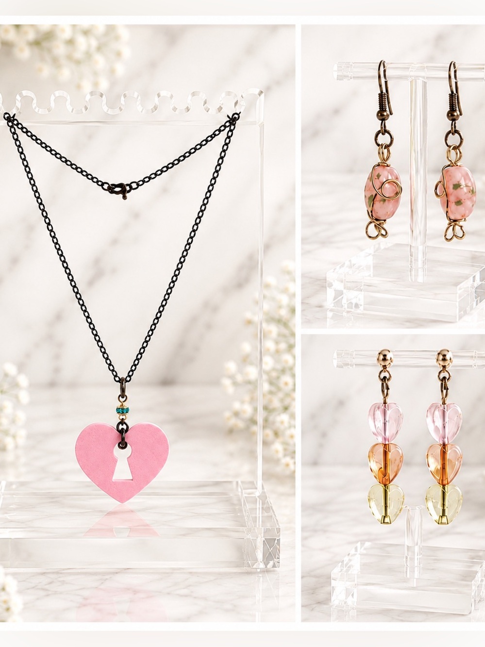 Pink Heart Necklace and Earrings Black Tone Jewelry Set – 3 Piece